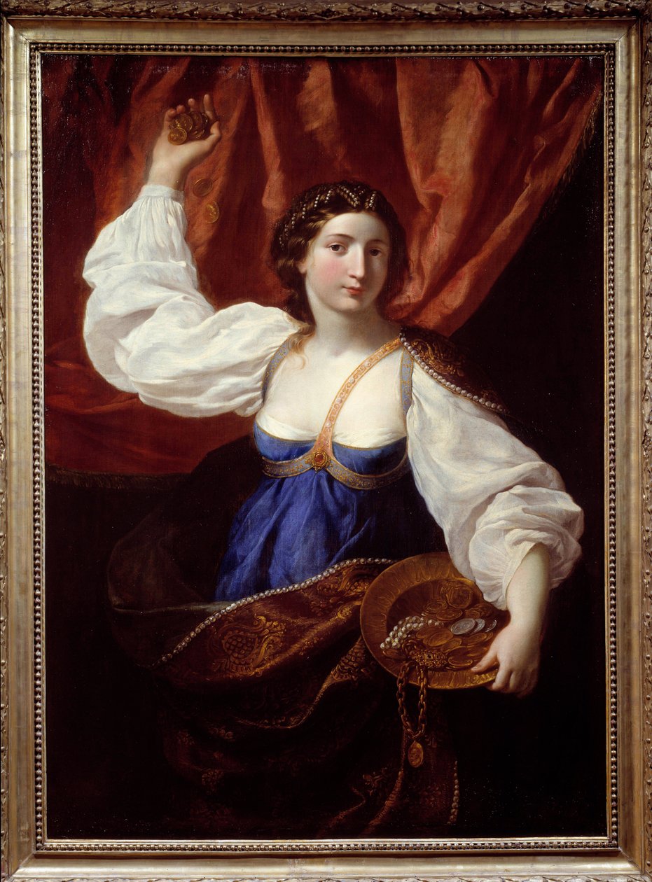 Liberality En ung kvinde holder en bakke fyldt med guld og smykker. Maleri af Elisabetta Sirani (1638-1665) Nimes fra det 17. århundrede, Museum of Fine Arts af Elisabetta Sirani