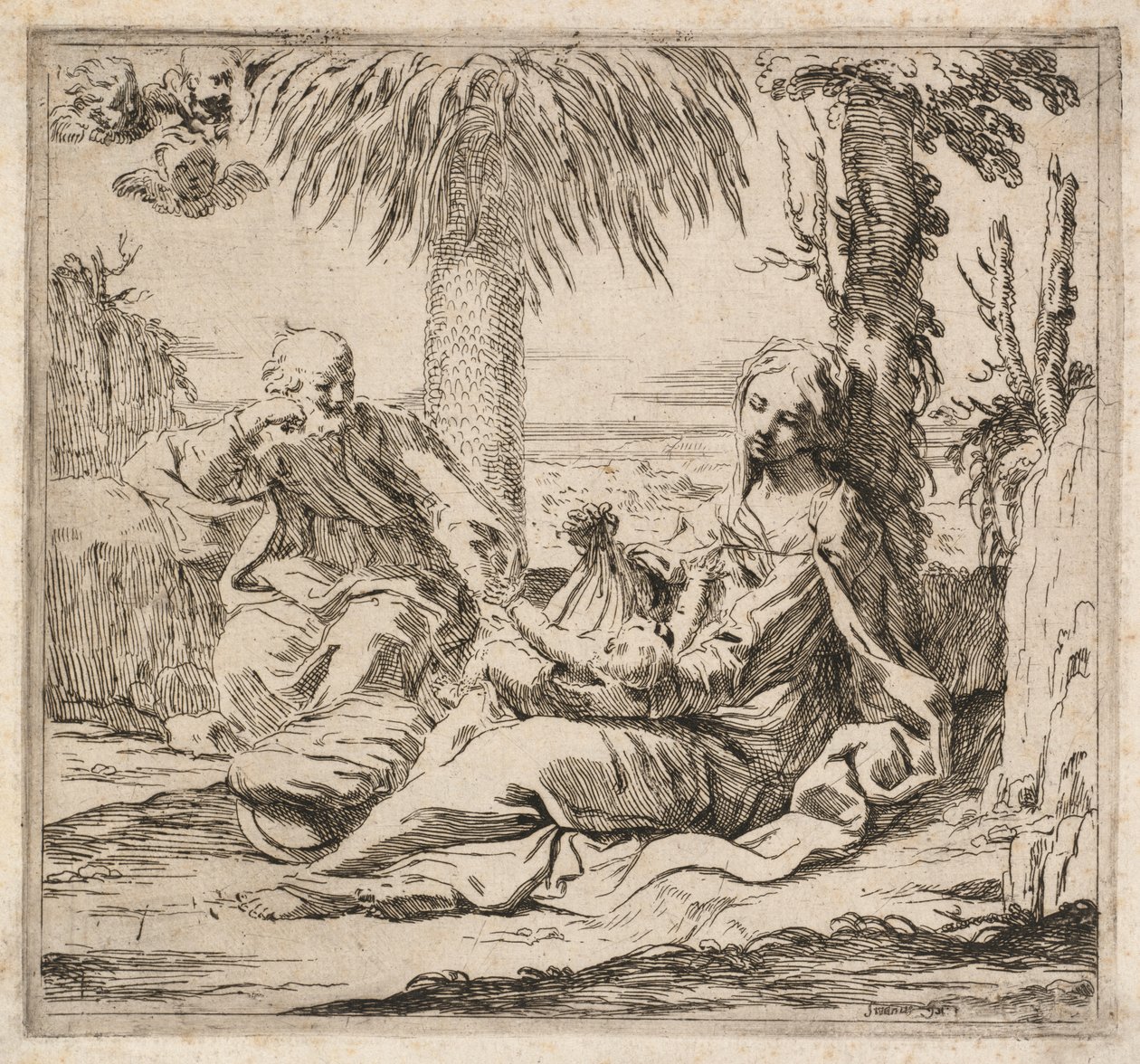 Hvil på flugten til Egypten. af Elisabetta Sirani