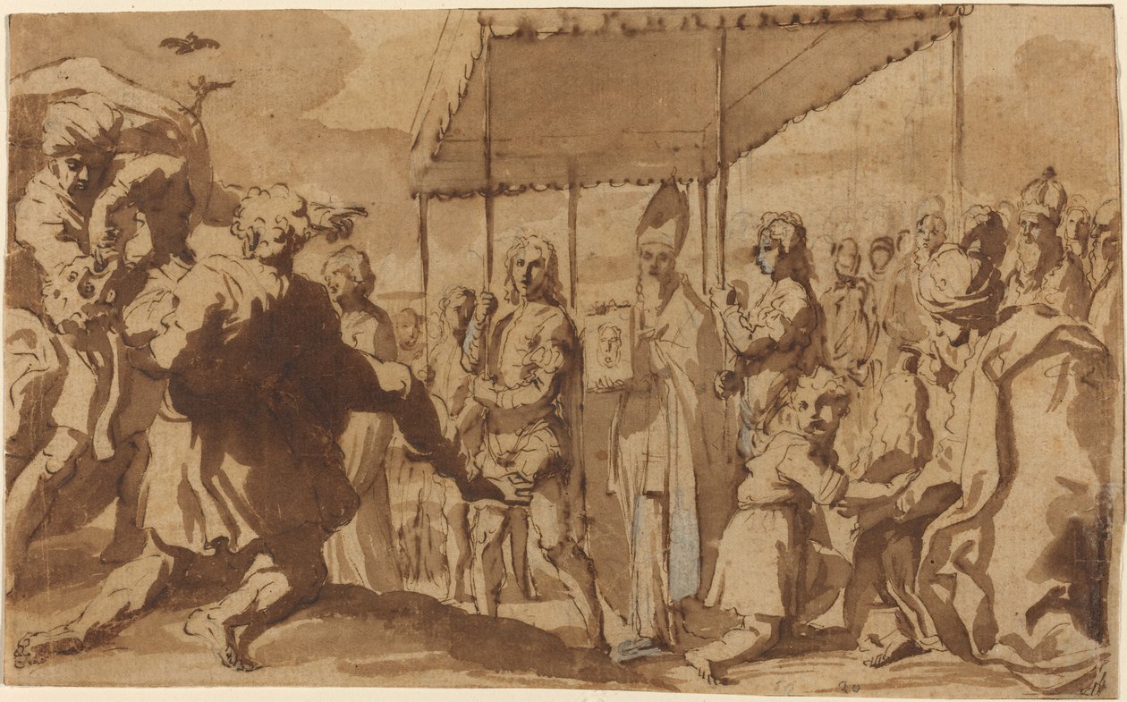 Helbredelsen af den besatte dreng i en procession af Volto Santo af Elisabetta Sirani