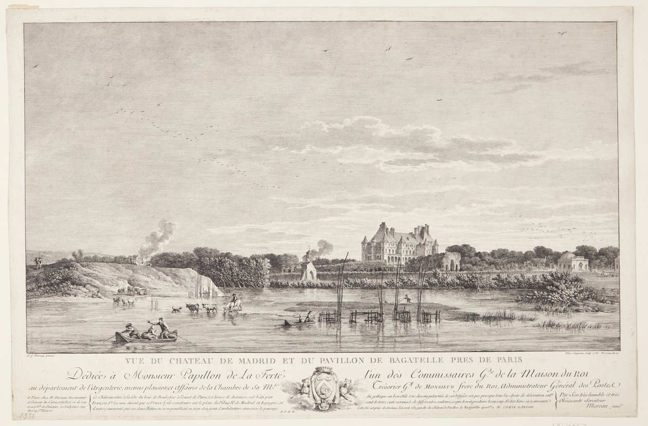 Udsigt over Château de Madrid og Pavillon de Bagatelle (Vue du Chateau de Madrid et du Pavillon de Bagatelle pres de Paris) af Elise Saugrain