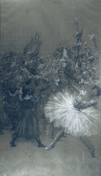 Balletdanser og D. Pedro de Alcantara - Tegnefilm til overførsel af grand drape fra det kommunale teater i Rio de Janeiro af Eliseu Visconti