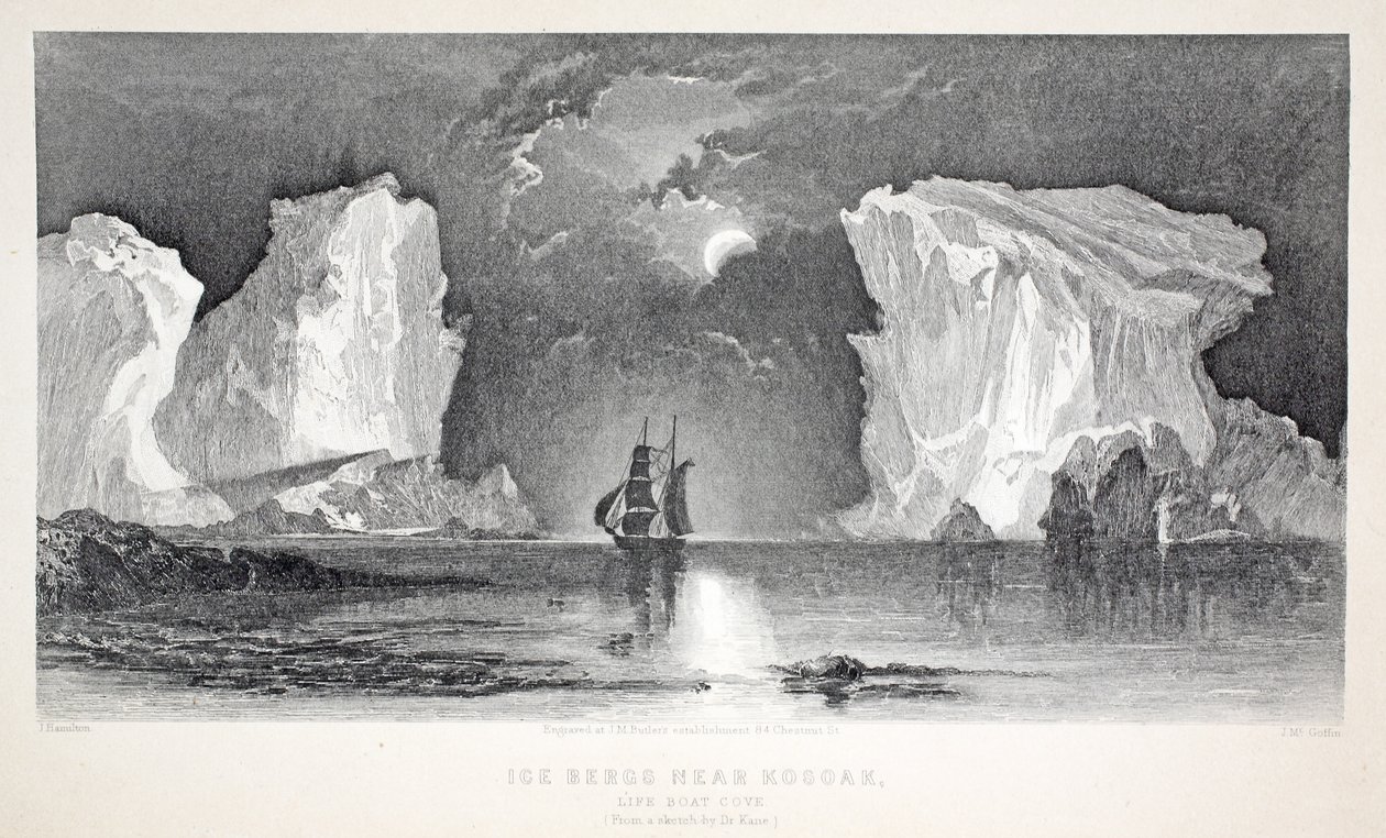 Isbjerge nær Kosoak, Life Boat Cove, illustration fra "The second Grinnell Expedition in Search of Sir John Franklin...", 1856 af Elisha Kane