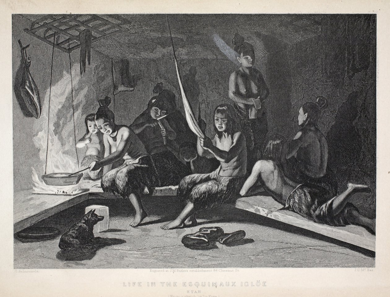 Livet i Esquimaux Igloe, Etah, illustration fra "The Second Grinnell Expedition in Search of Sir John Franklin", 1856 af Elisha Kane