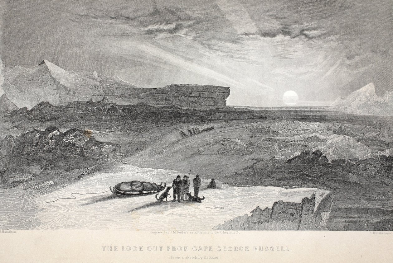 Udsigt fra Cape George Russell, illustration fra "The second Grinnell Expedition in Search of Sir John Franklin...", 1856 af Elisha Kane