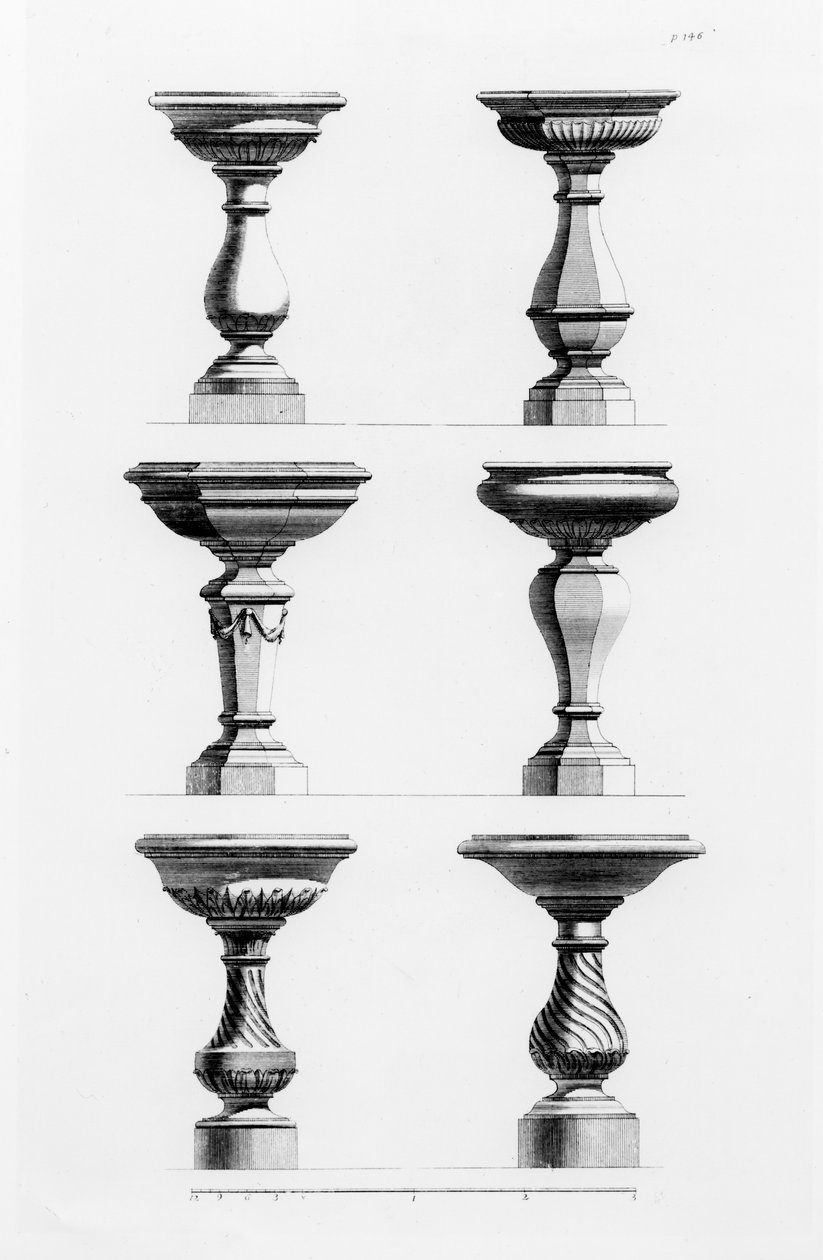 Designs til urner i den antikke smag, fra A Book of Architecture, af James Gibbs (1682-1754), udgivet 1739 (se også 171987) af Elisha Kirkall