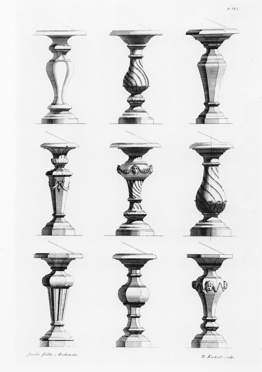 Piedestals, fra A Book of Architecture, af James Gibbs (1682-1754), udgivet 1739 (se også 171988) af Elisha Kirkall