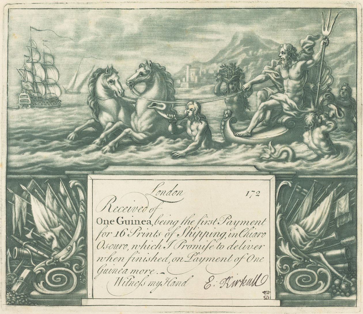 Abonnementskvittering (Neptun og Juno) af Elisha Kirkall, after George Vertue, after Louis Chéron