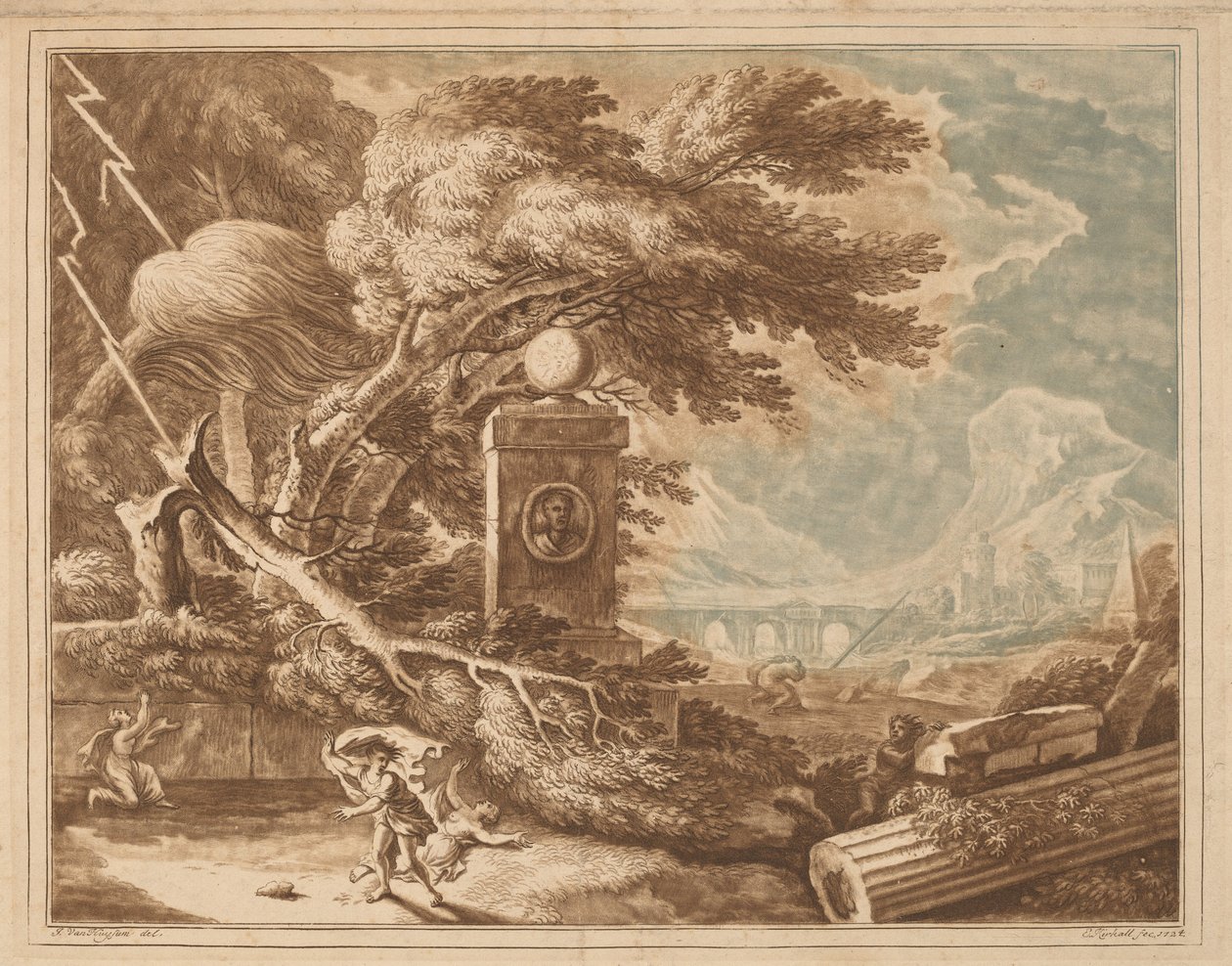 Heroisk stormfuldt landskab af Elisha Kirkall, after Jan van Huysum