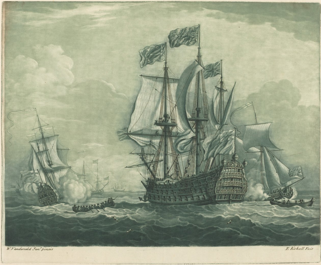 Forsendelsesscene med Man-of-War af Elisha Kirkall after Willem van de Velde the Younger