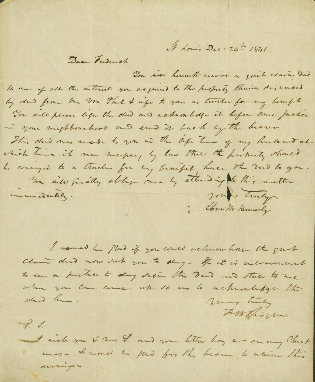 Brev til Frederick Saugrain fra Eliza Kennerly, 24. december 1841 af Eliza Kennerly
