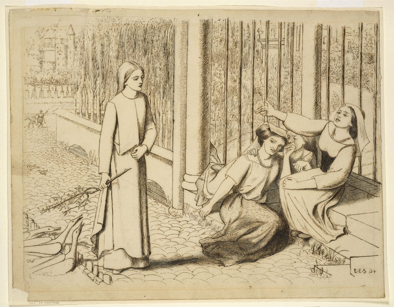 Pippa Passes, 1854 (pen og brun blæk på hvidt papir) af Elizabeth Eleanor Siddal