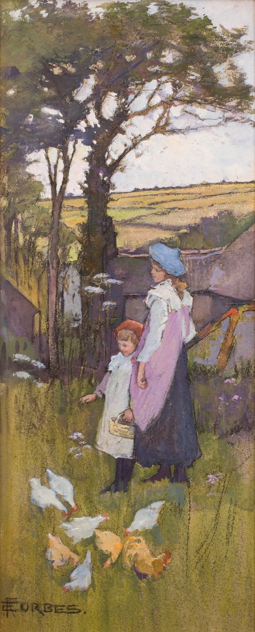 Feeding the Chickens (Pastel og akvarel på karton) af Elizabeth Adela Stanhope Forbes