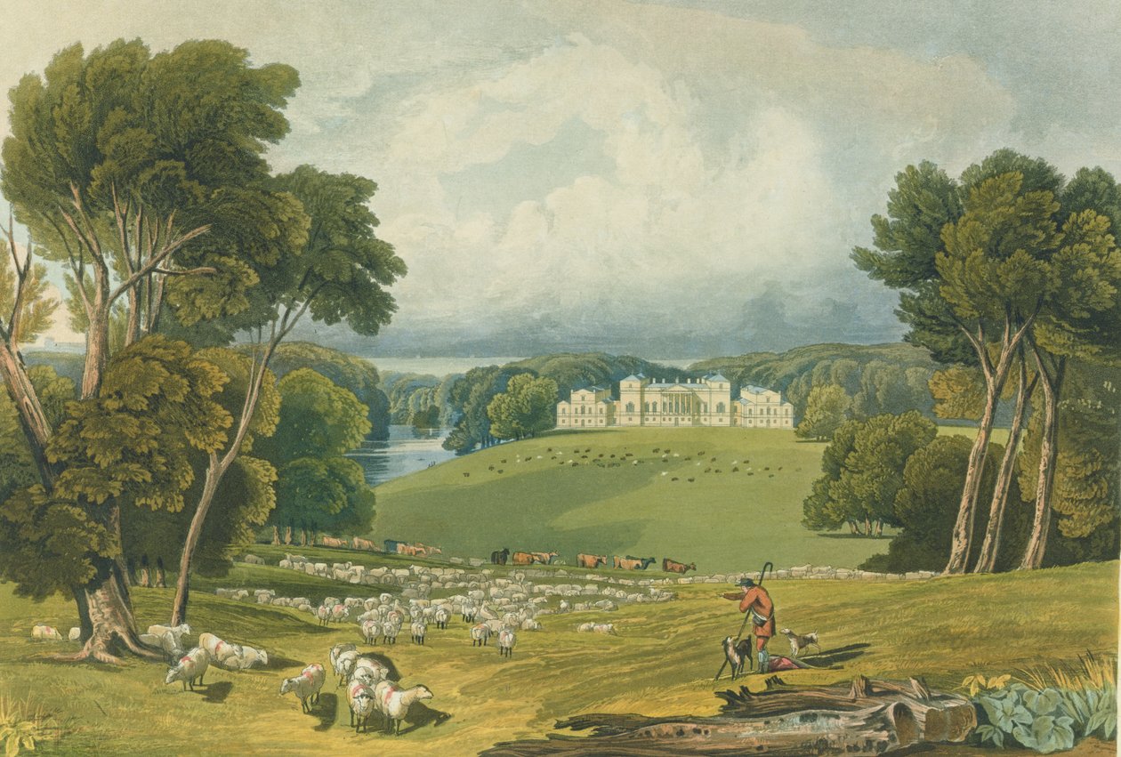 Udsigt over Holkham Hall, Norfolk, indgraveret af Robert Havell (1769-1832) 1818 (farvegravering) af Elizabeth Blackwell
