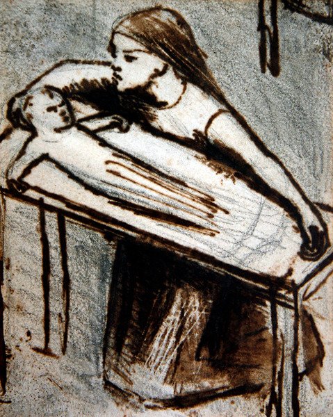 Knælende pige med baby (pen og blæk på papir) af Elizabeth Eleanor Siddal