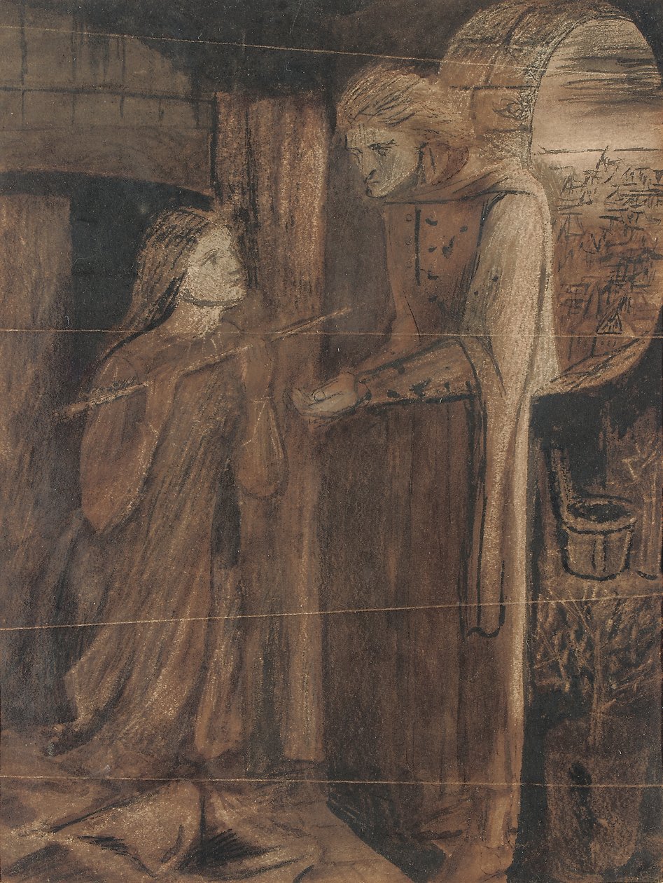 Clerk Saunders (akvarel med gummi arabicum og skrabe ud, på papir) af Elizabeth Eleanor Siddal