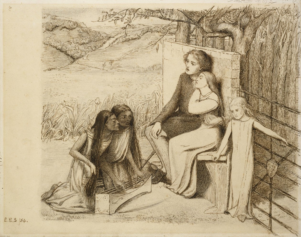Two Lovers, 1854 (pen og brunt blæk på råhvidt papir) af Elizabeth Eleanor Siddal