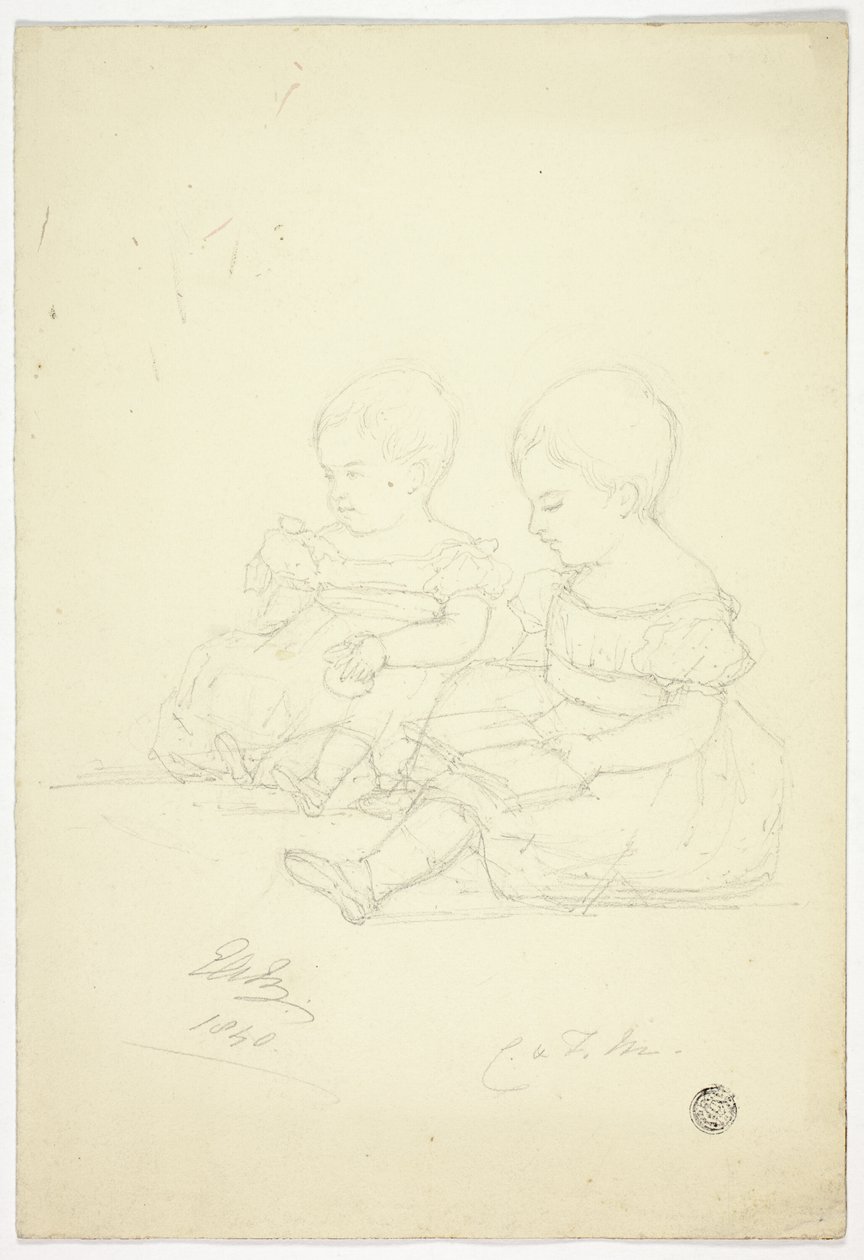 To siddende babypiger (recto), et stilleben og to dyr (verso) af Elizabeth Murray