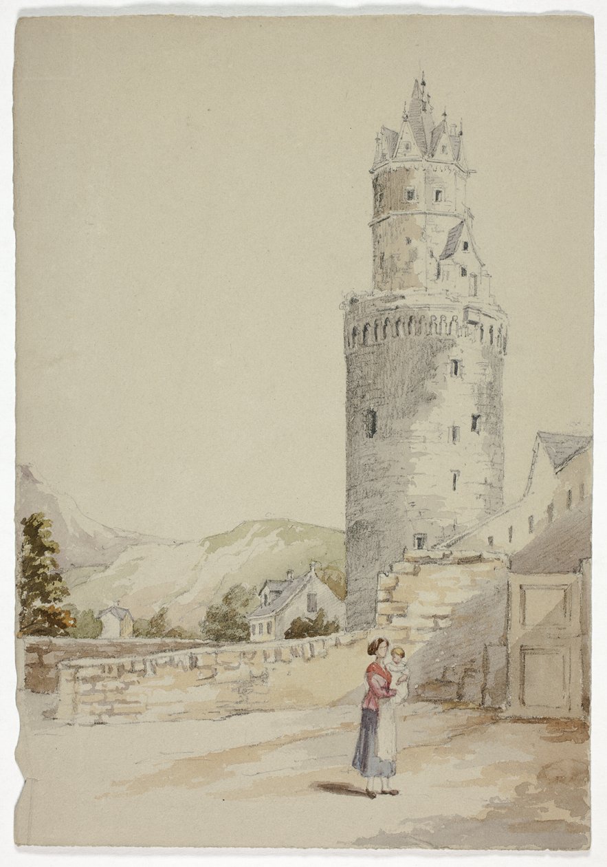 Kvinde og barn før Walled Town med tårn af Elizabeth Murray
