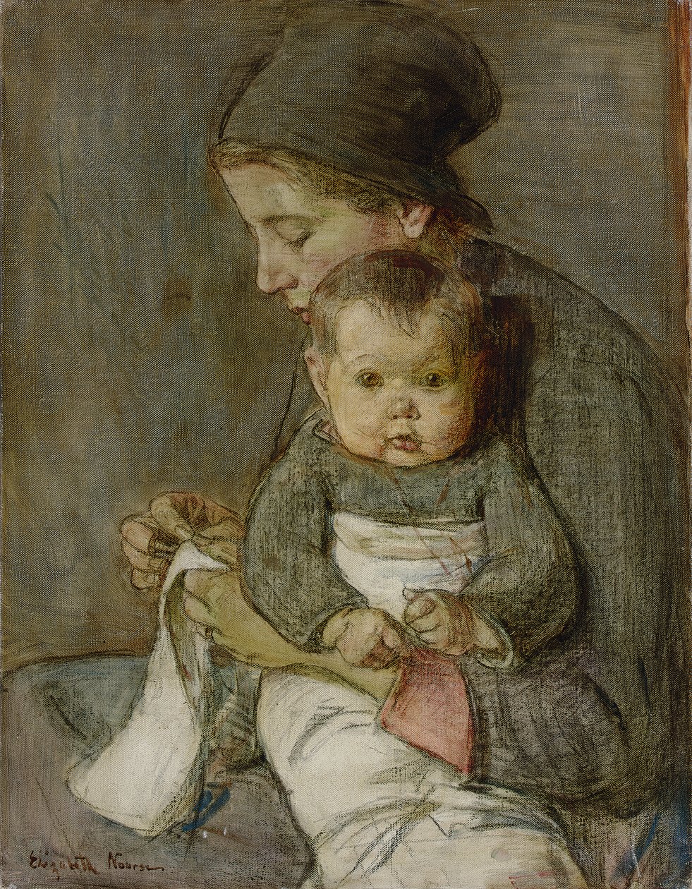 Mor og baby (olie på lærred) af Elizabeth Nourse