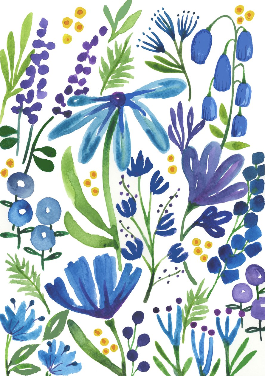 Blå blomster, 2018 (akvarel) af Elizabeth Rider