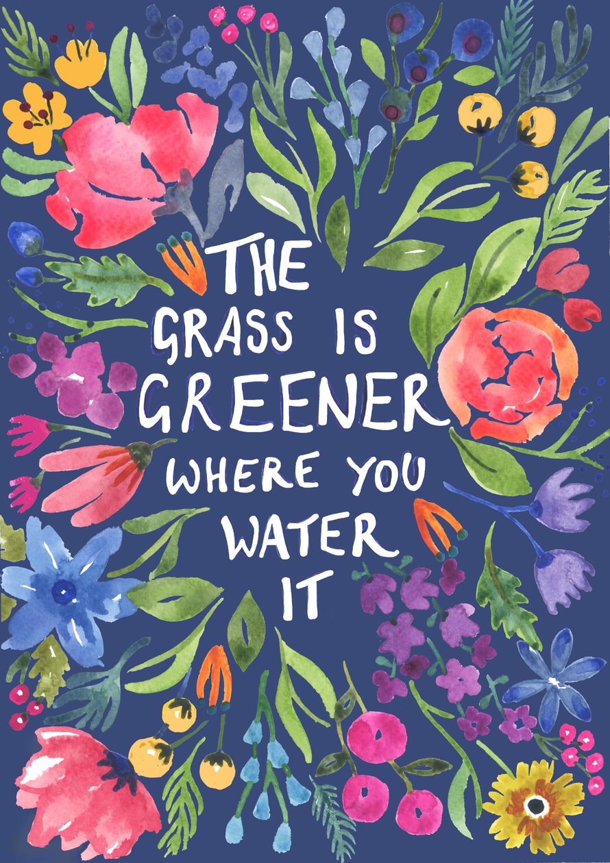 Greener Grass (blå baggrund), 2018 (akvarel) af Elizabeth Rider