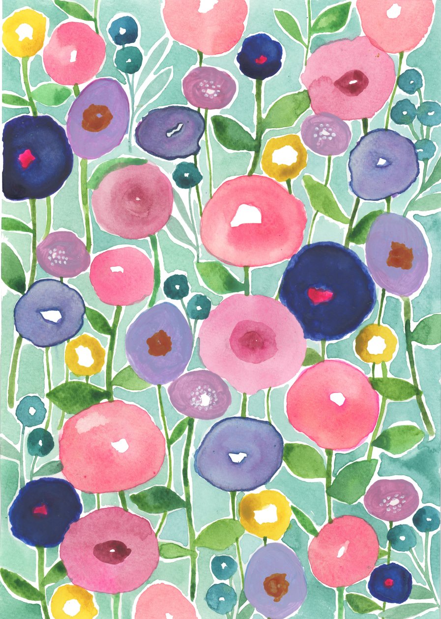 Poppies in Bloom på vandfarvet baggrund, 2018 (akvarel) af Elizabeth Rider
