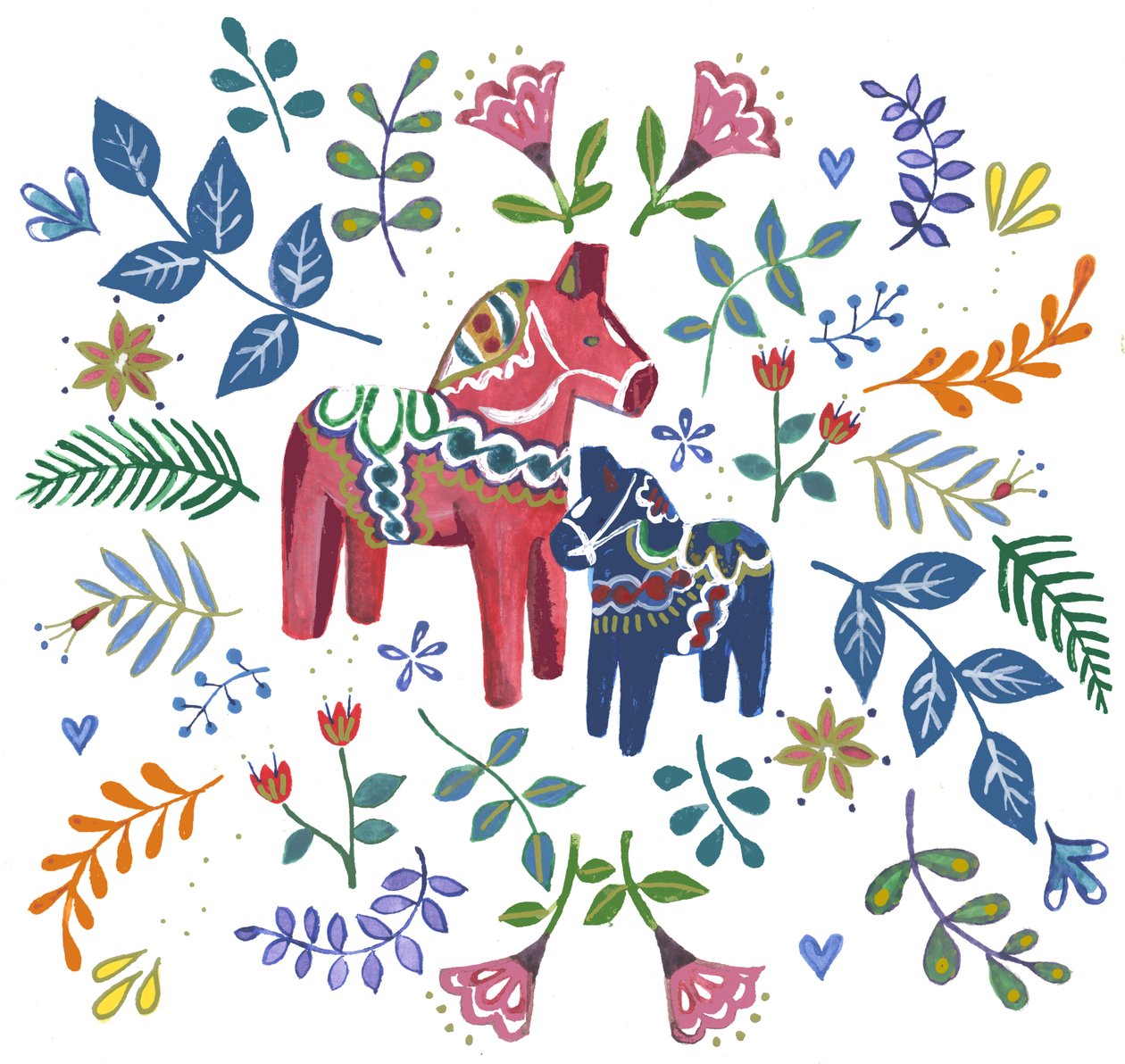 Swedish Dala Horse, 2018 (akvarel og akryl) af Elizabeth Rider