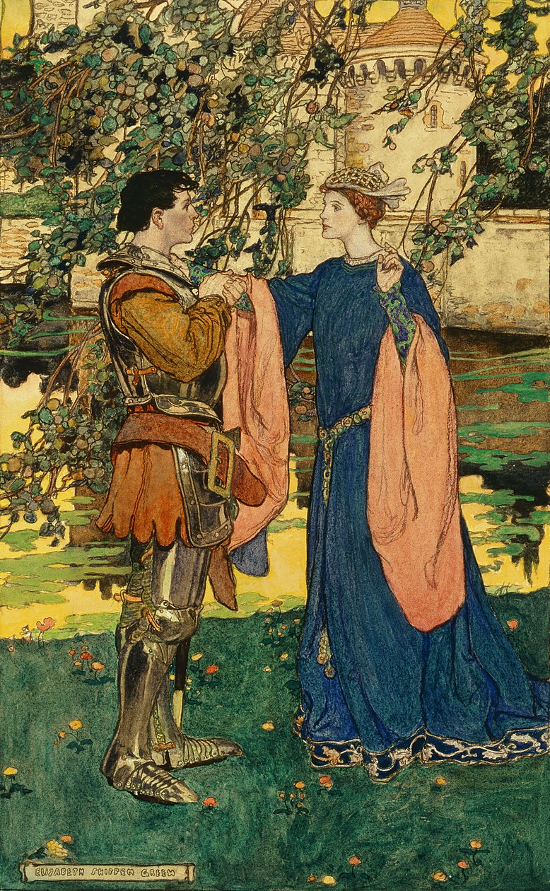 "Han stirrede på hende, hans ansigt tændte" (pen  blæk  akvarel på papir) af Elizabeth Shippen Green