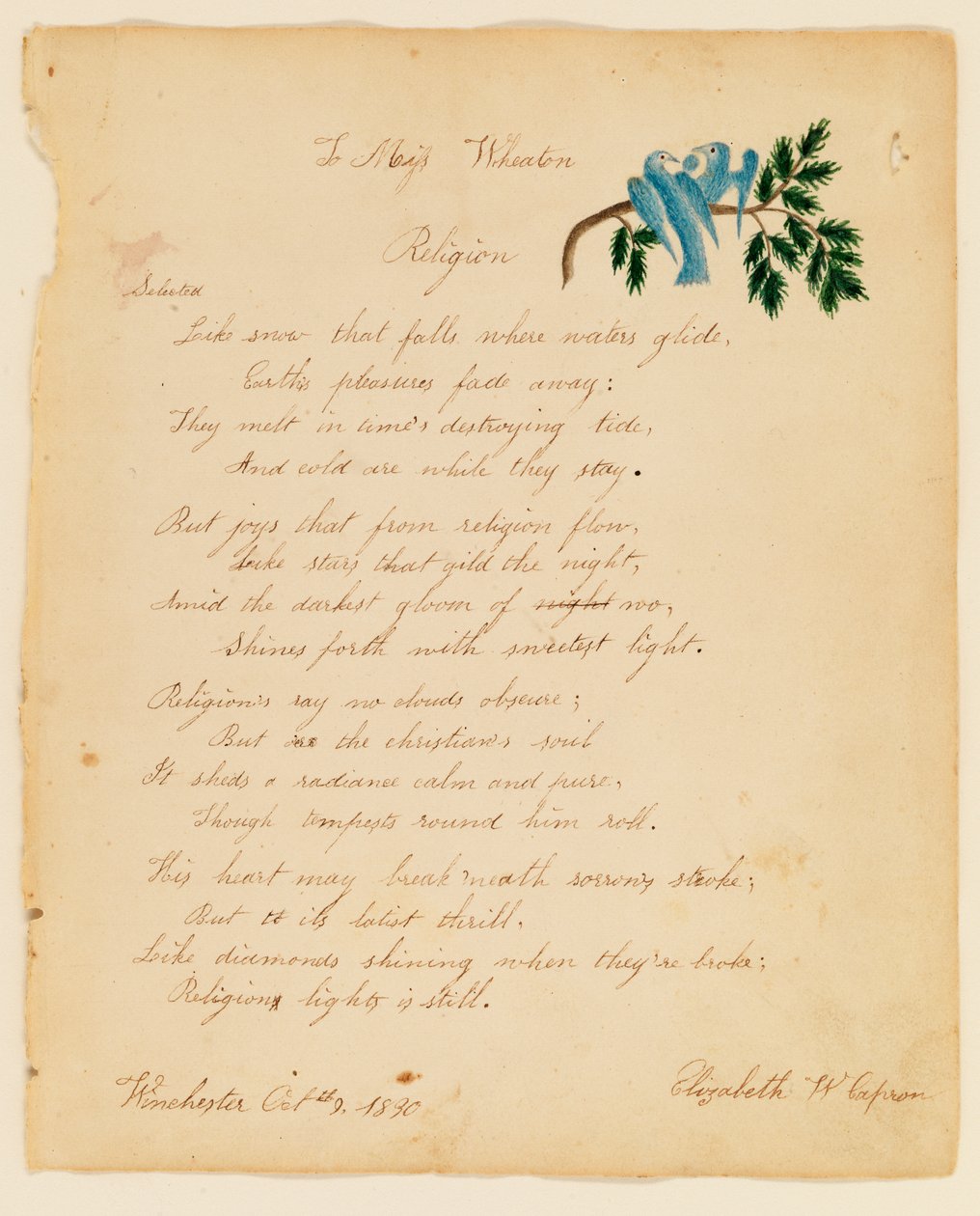 Til Miss Wheaton, Religion, 1830. af Elizabeth W. Capron