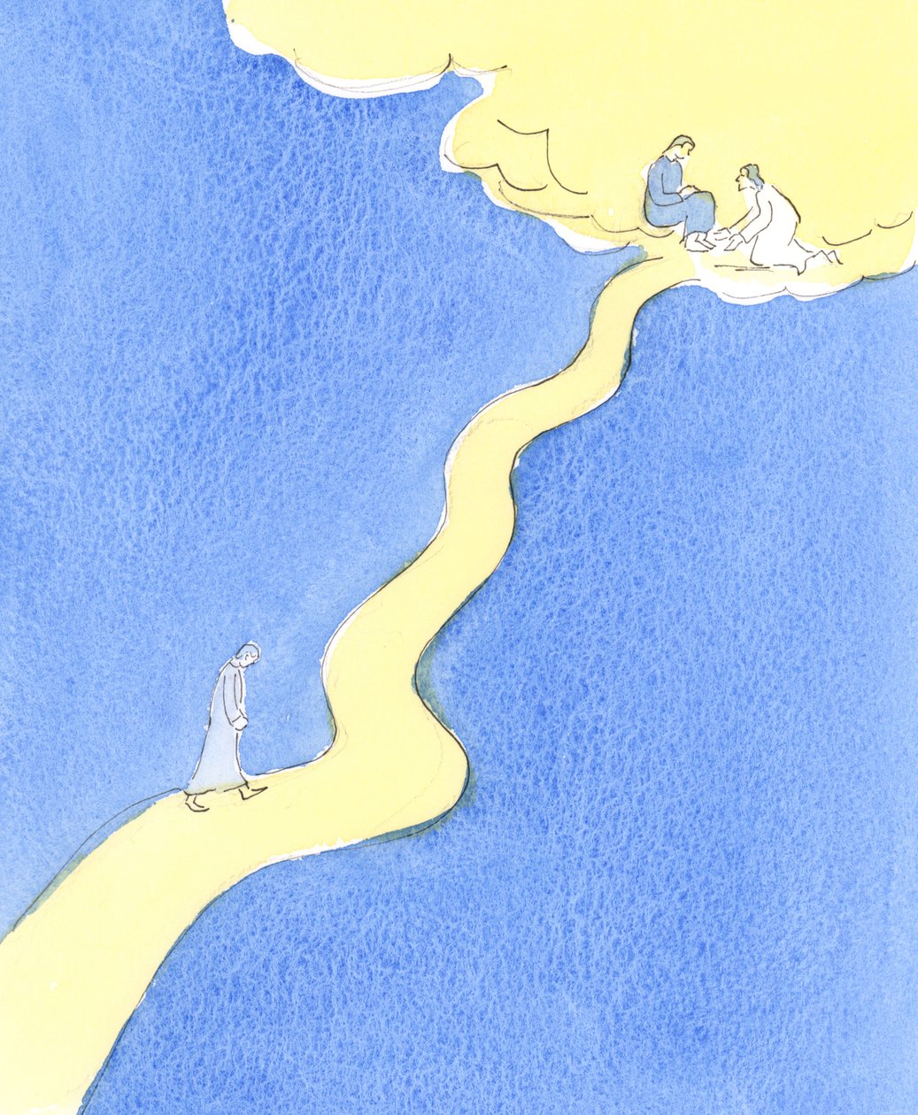 En person, der af kærlighed til Gud elsker og tjener sin næste, går en hård vej mod Himlen, med stejle stigninger, 2004 (w/c på papir) af Elizabeth Wang
