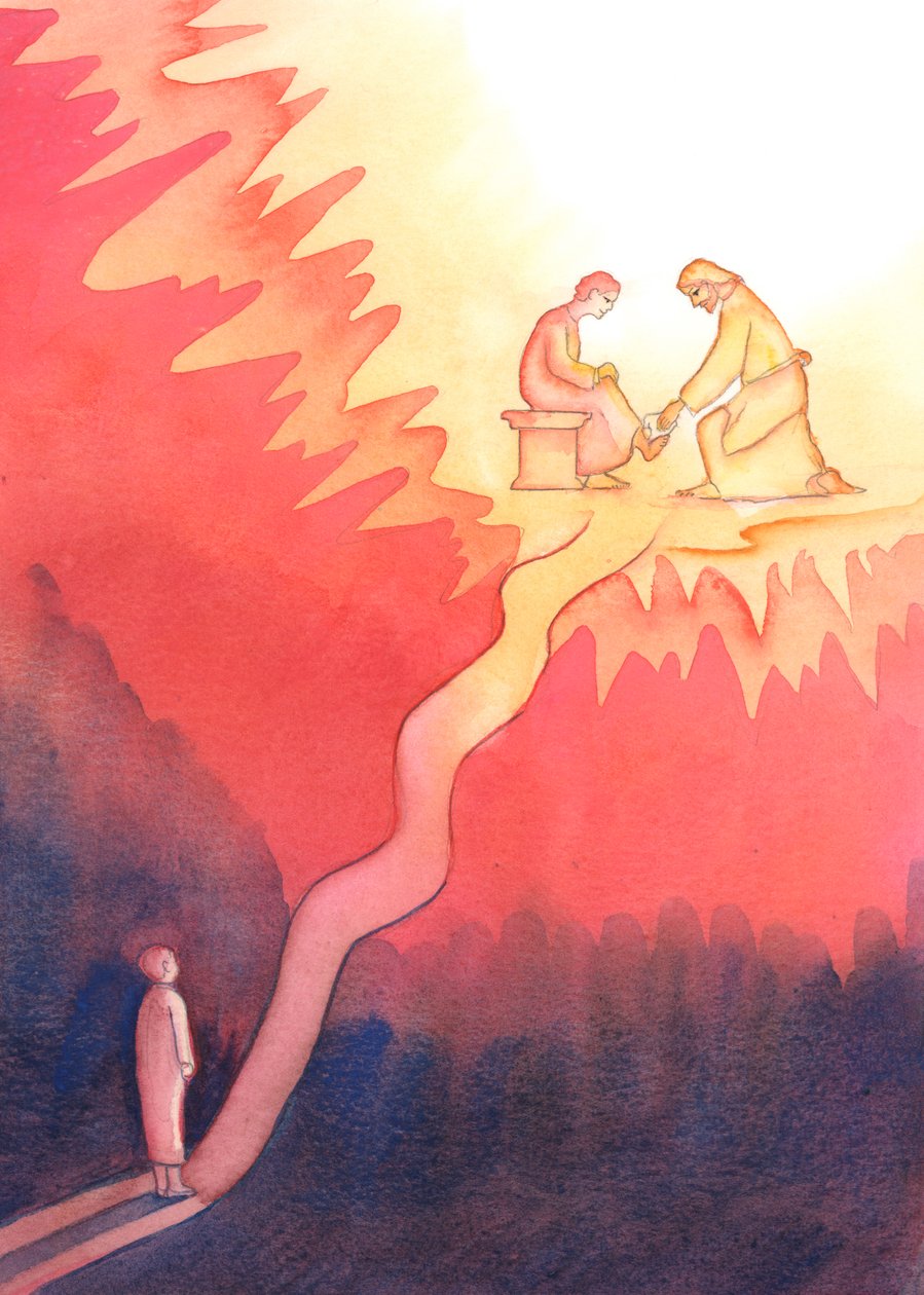 En person, der af kærlighed til Gud elsker og tjener sin næste, går en hård vej mod Himlen, med stejle stigninger, 2004 (w/c på papir) af Elizabeth Wang