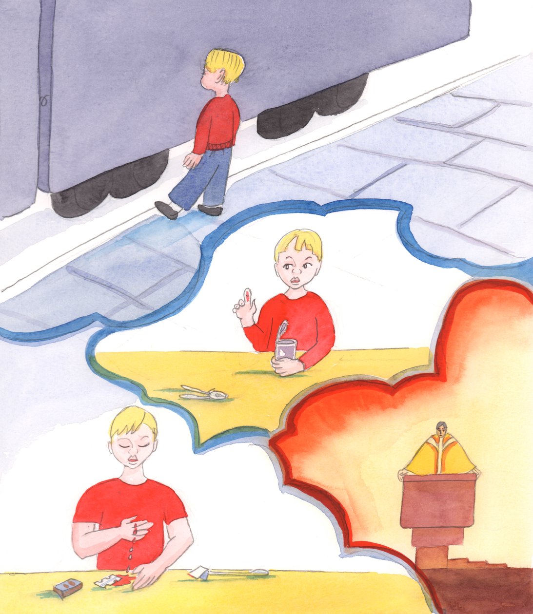 En præst, der ikke underviser om synd og adskillelse fra Gud, er lige så uansvarlig som en forælder, der lader et lille barn lege ved en trafikeret vej eller åbne konservesdåser alene eller udskifte bladet i sin fars barbermaskine, 2005 (akvarel på papir). af Elizabeth Wang