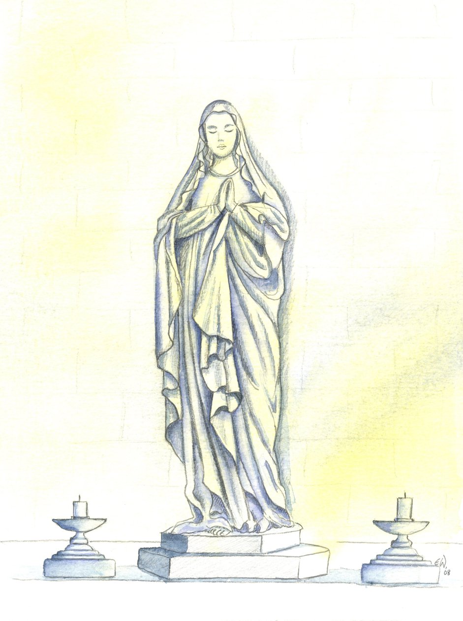 En statue af den hellige jomfru Maria, 2001 (w/c på papir) af Elizabeth Wang