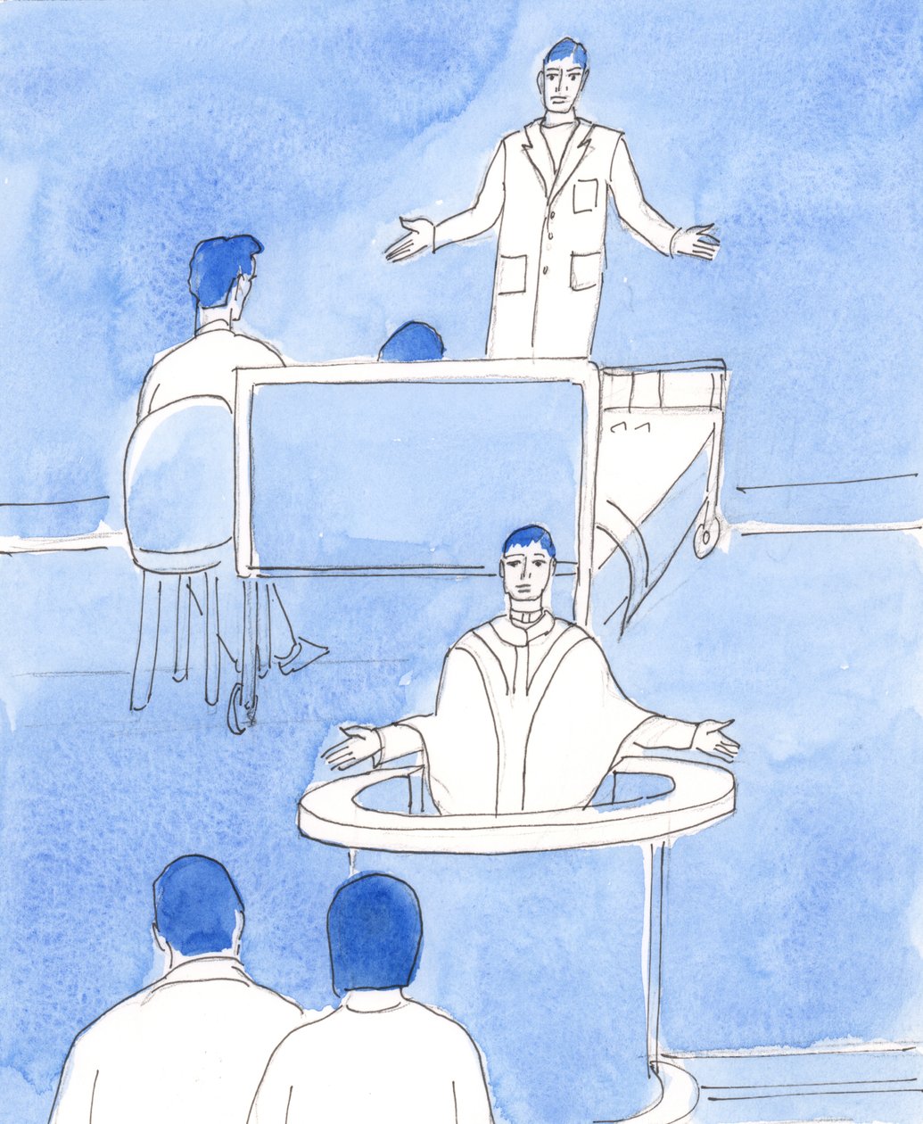 En kirurg, der giver en alvorlig diagnose, har nogle gange lidt håb om en kur, 2003 (w/c på papir) af Elizabeth Wang