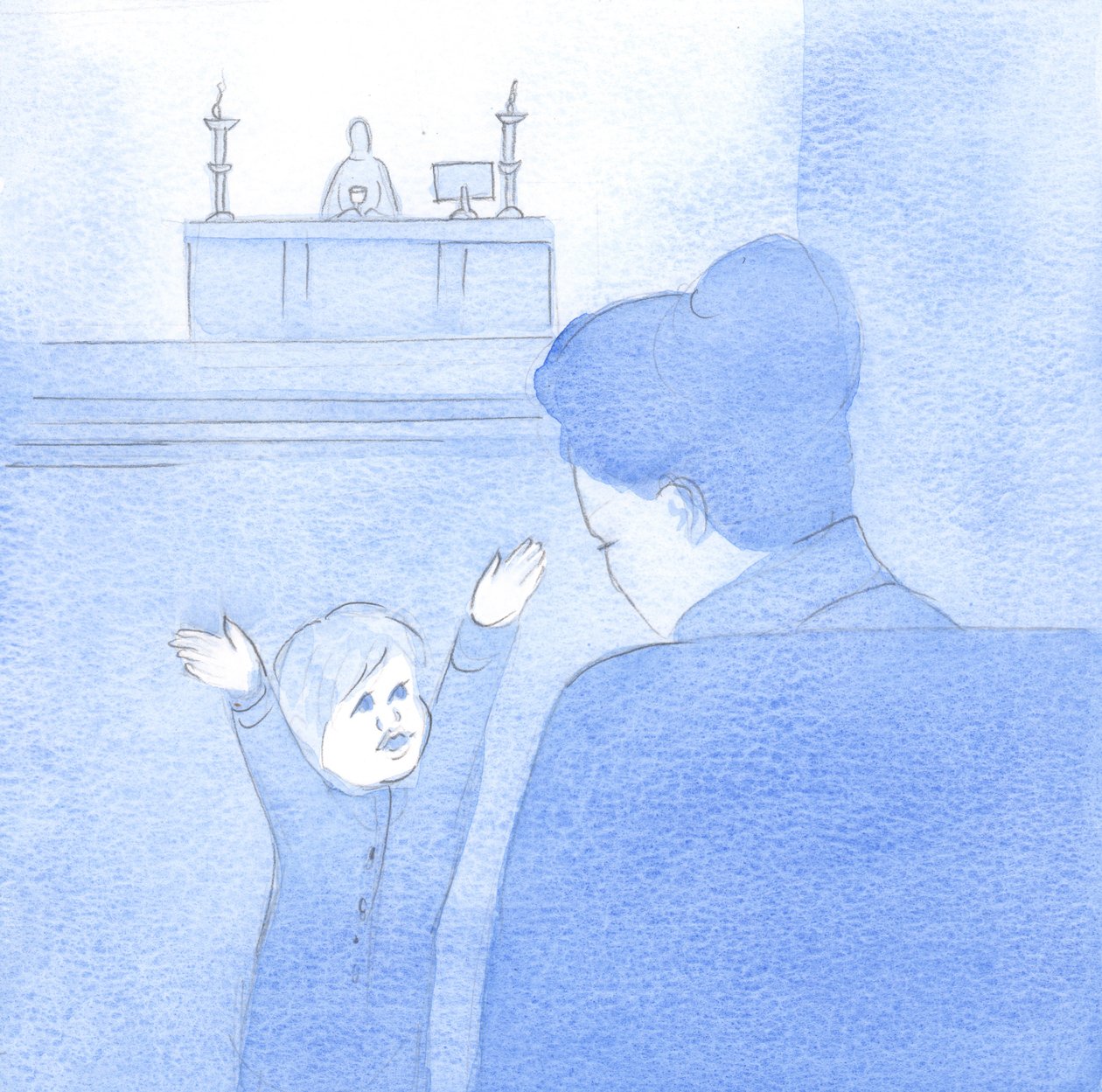 Efter at et barn havde omfavnet mig, forklarede Kristus, at hans kærlighed er den samme – den er ren, enkel og øm. Han længes efter min velfærd., 2001 (w/c på papir) af Elizabeth Wang