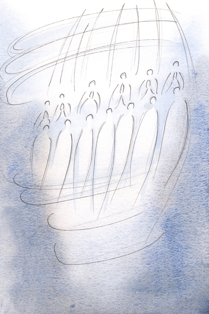 Engle omringede helligdommen og bad under himlens lys., 2001 (w/c på papir) af Elizabeth Wang