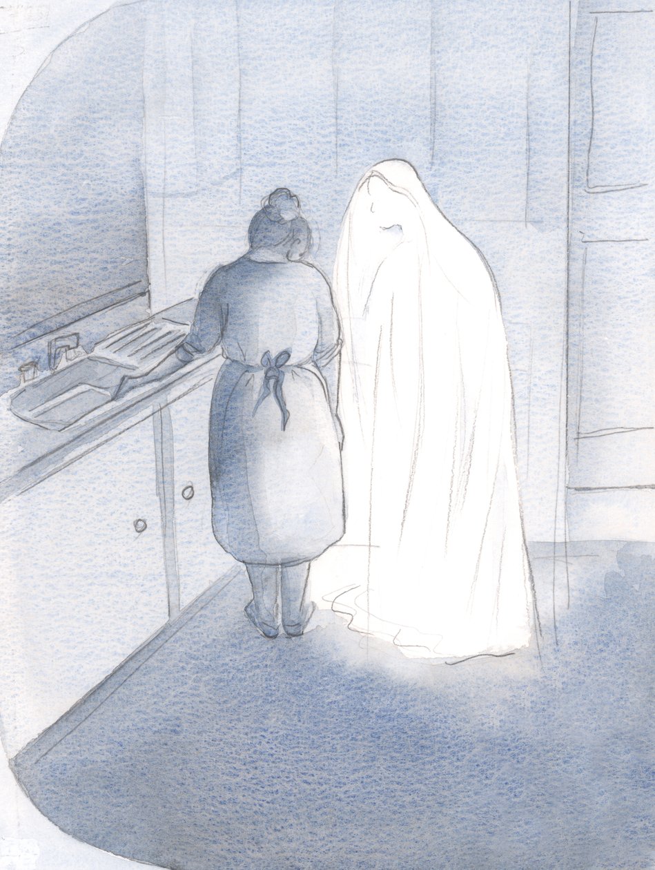 Da jeg viste Mary min mest hemmelige frygt, trøstede hun mig blot ved at læne mig og kysse mig, 2000 (w/c på papir) af Elizabeth Wang