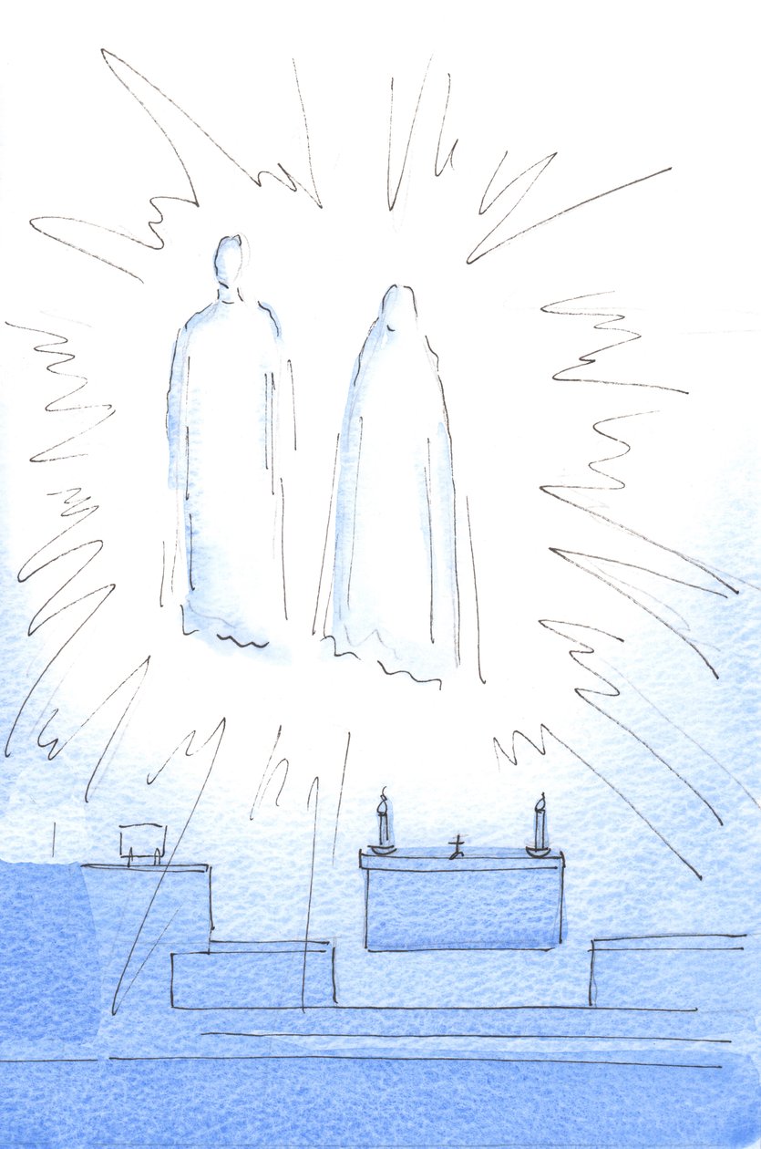 Så snart jeg hilste Kristus ved tabernaklet, så jeg ham dukke op højt i helligdommen sammen med sin mor til et jubilæumsbesøg, 2003 (w/c på papir) af Elizabeth Wang