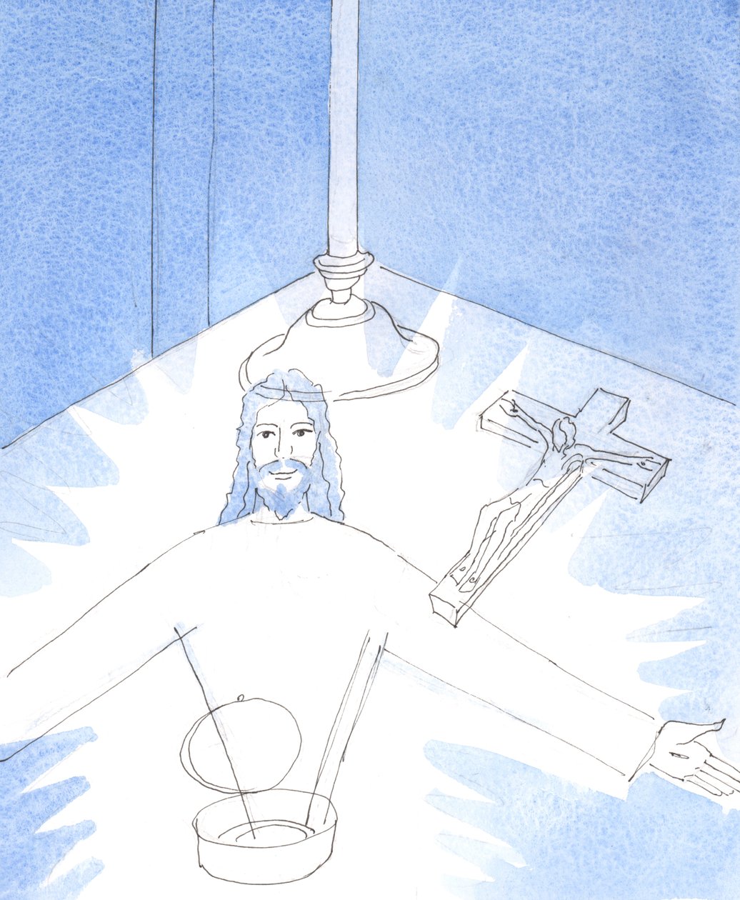 Så snart pyxen blev åbnet, og jeg forgudede Jesus, virkelig til stede i den hellige vært, blev jeg vist det glædelige syn af Jesus selv, der rakte sine arme ud for at hilse på mig., 2004 (w/c på papir) af Elizabeth Wang