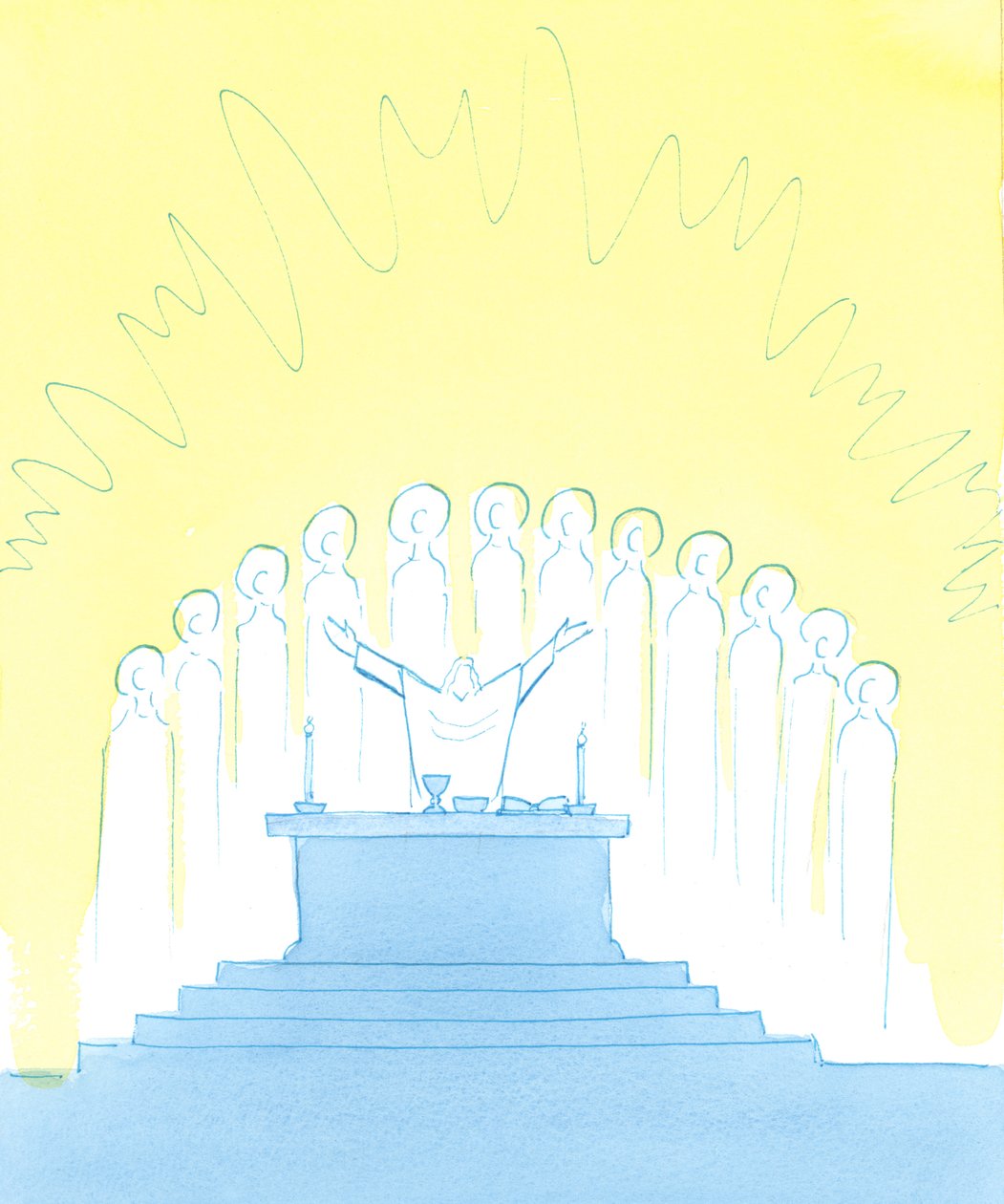 Når vi priser Gud ved messen, med og gennem Kristus, priser vi ham sammen med hele kirken, som omfatter himlens hellige - her omkranser alteret - og de hellige sjæle, 2003 (w/c på papir) af Elizabeth Wang