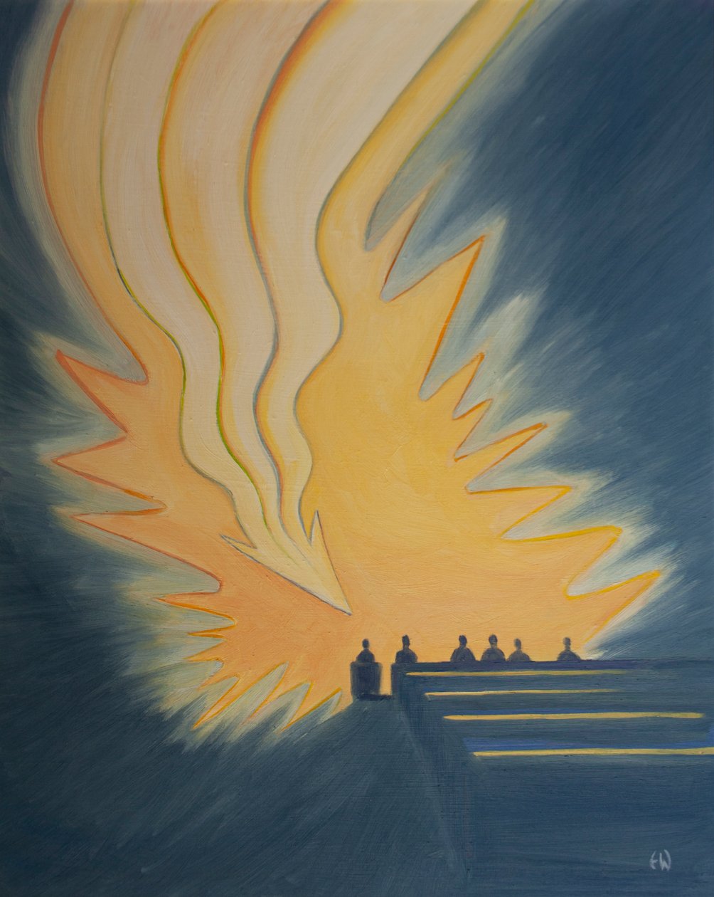 Ved den hellige nadver falder en stor flamme, som en pil, ned over os, da Kristus kommer os i møde i Åndens kraft, 2001 (olie om bord) af Elizabeth Wang