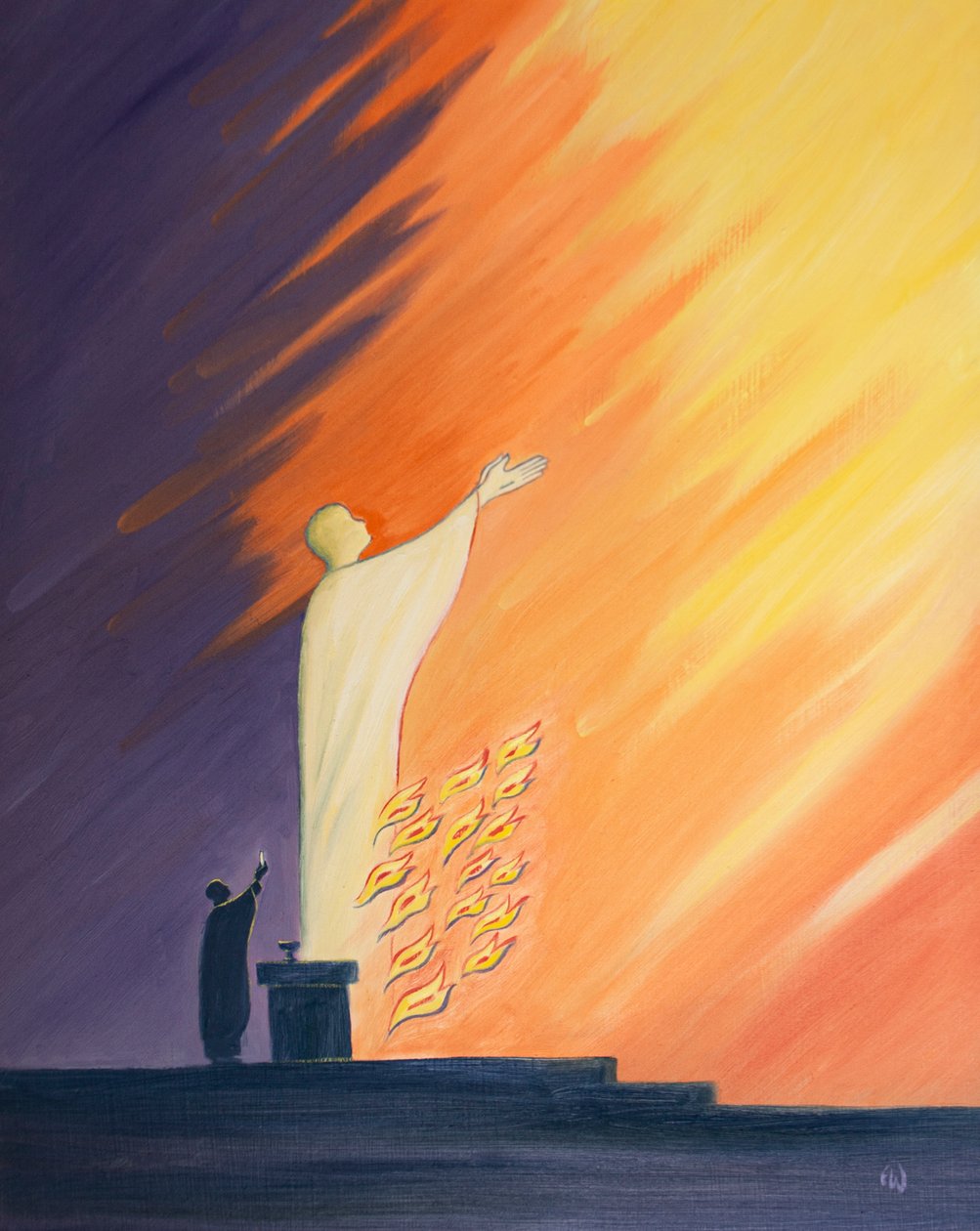 Ved messen beder vi sammen med Kristus, der rækker ud til Faderen i Helligåndens brændende kærlighed, 2000 (olie om bord) af Elizabeth Wang