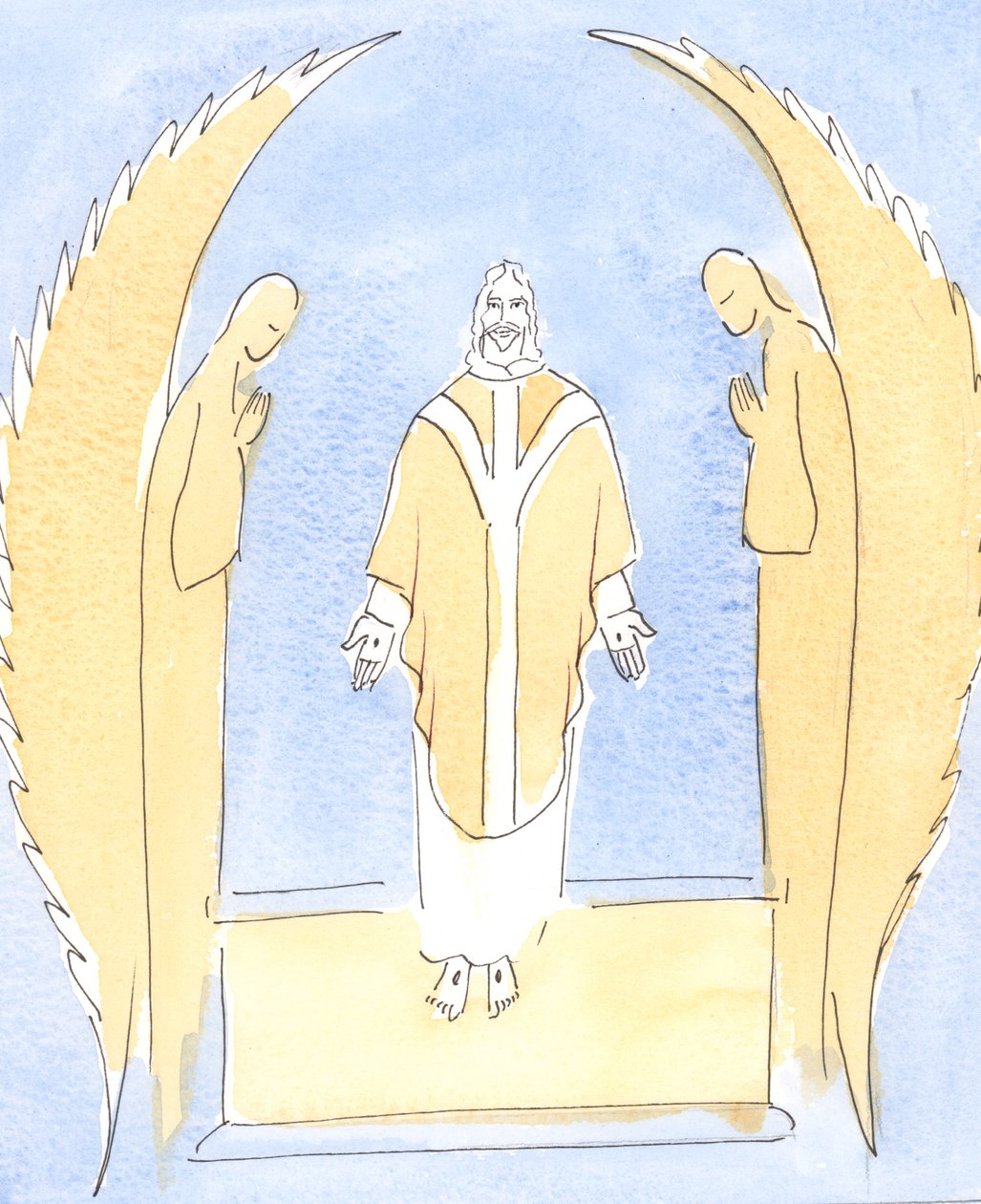 Ved hver messe bliver Jesus Kristus gjort tilstede for os, vores store ypperstepræst, som går i forbøn for os hos sin himmelske Fader, 2004 (w/c på papir) af Elizabeth Wang