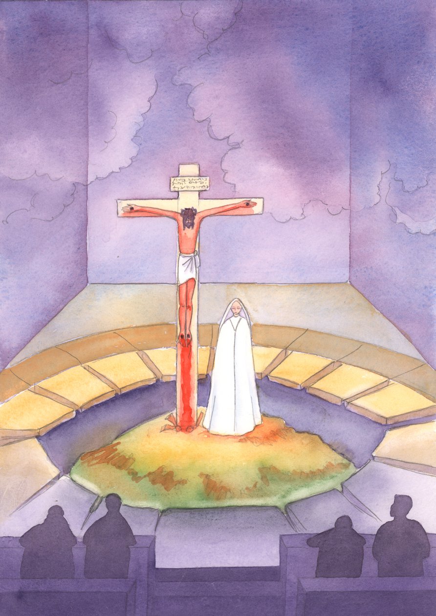 Ved hver messe er vi til stede ved det offer, der engang blev bragt på Golgata, da Kristus led og døde for os, mens hans mor stod ved hans side, 2005 (akvarel på papir). af Elizabeth Wang