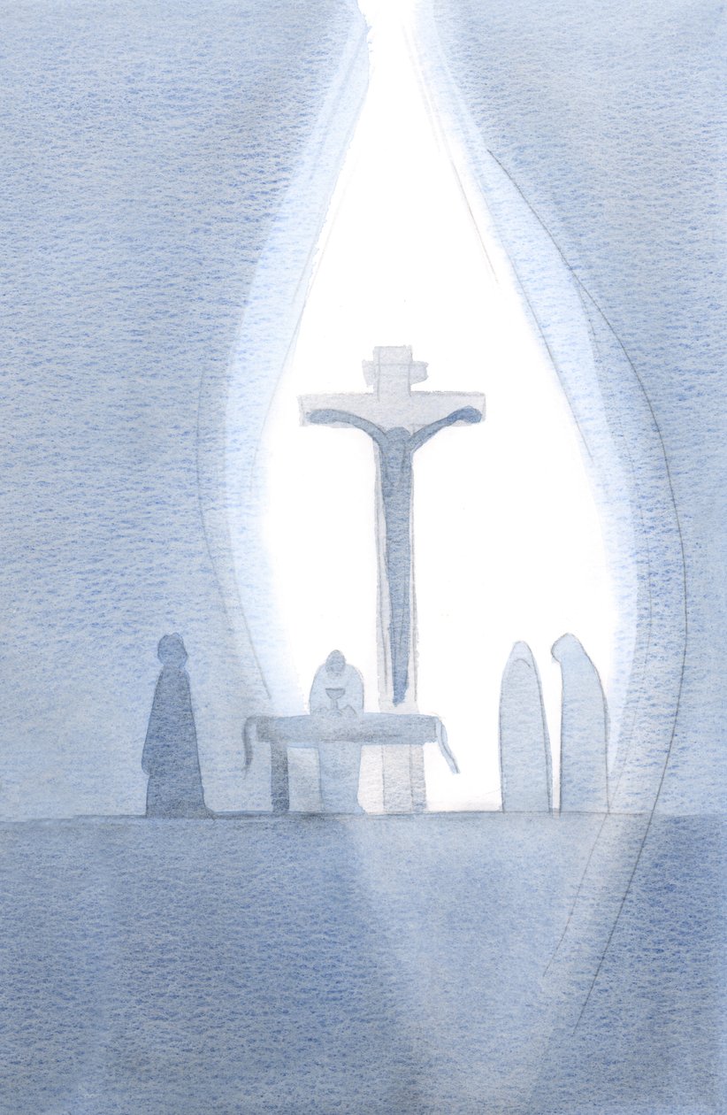 Ved hver messe bliver vi til stede for det ene Golgata-offer, som om et gardin skilles ad i vores tilstedeværelse, 2001 (w/c på papir) af Elizabeth Wang