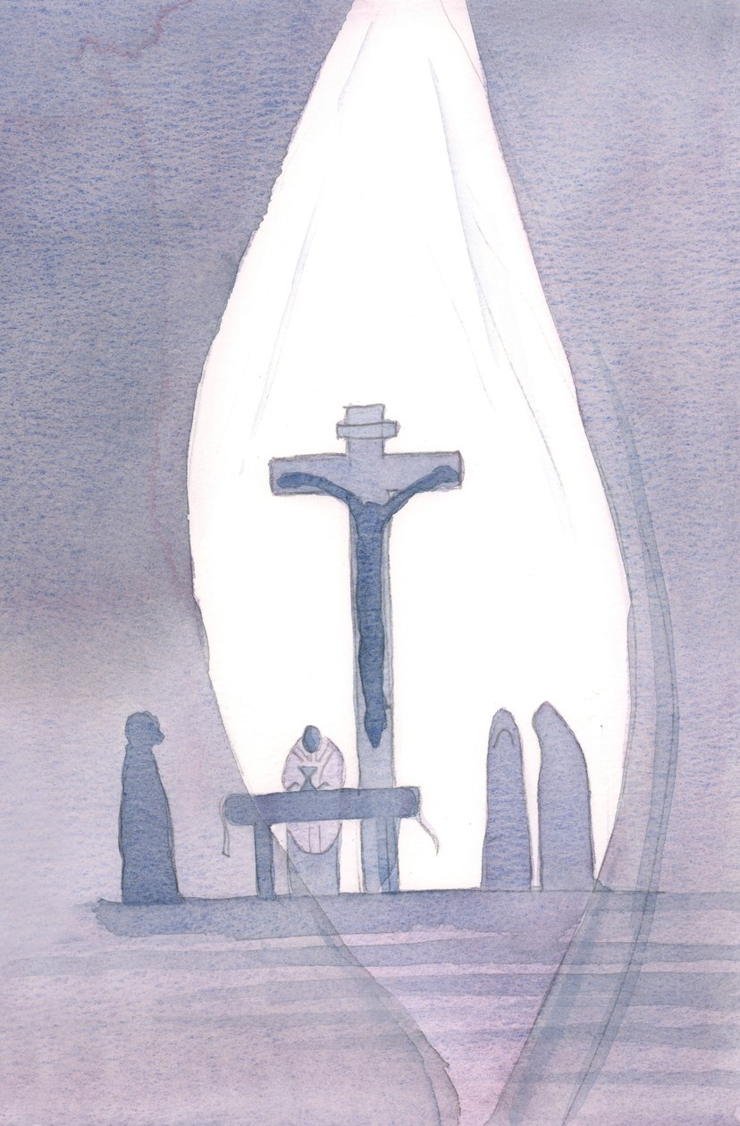 Ved hver messe bliver vi til stede for det ene Golgata-offer, som om et gardin skilles ad i vores tilstedeværelse, 2001 (w/c på papir) af Elizabeth Wang