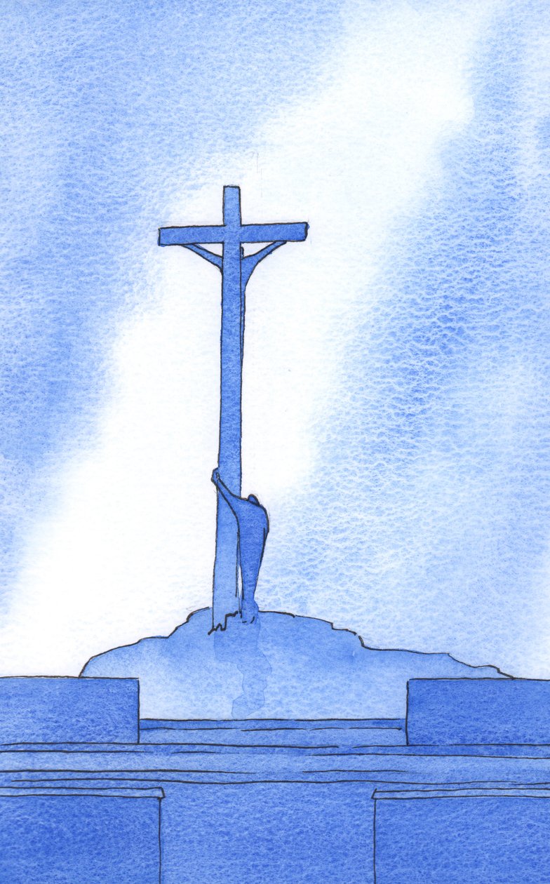 Ved hver messe står vi ved siden af Kristus korsfæstet for vores frelse, 2002 (w/c på papir) af Elizabeth Wang