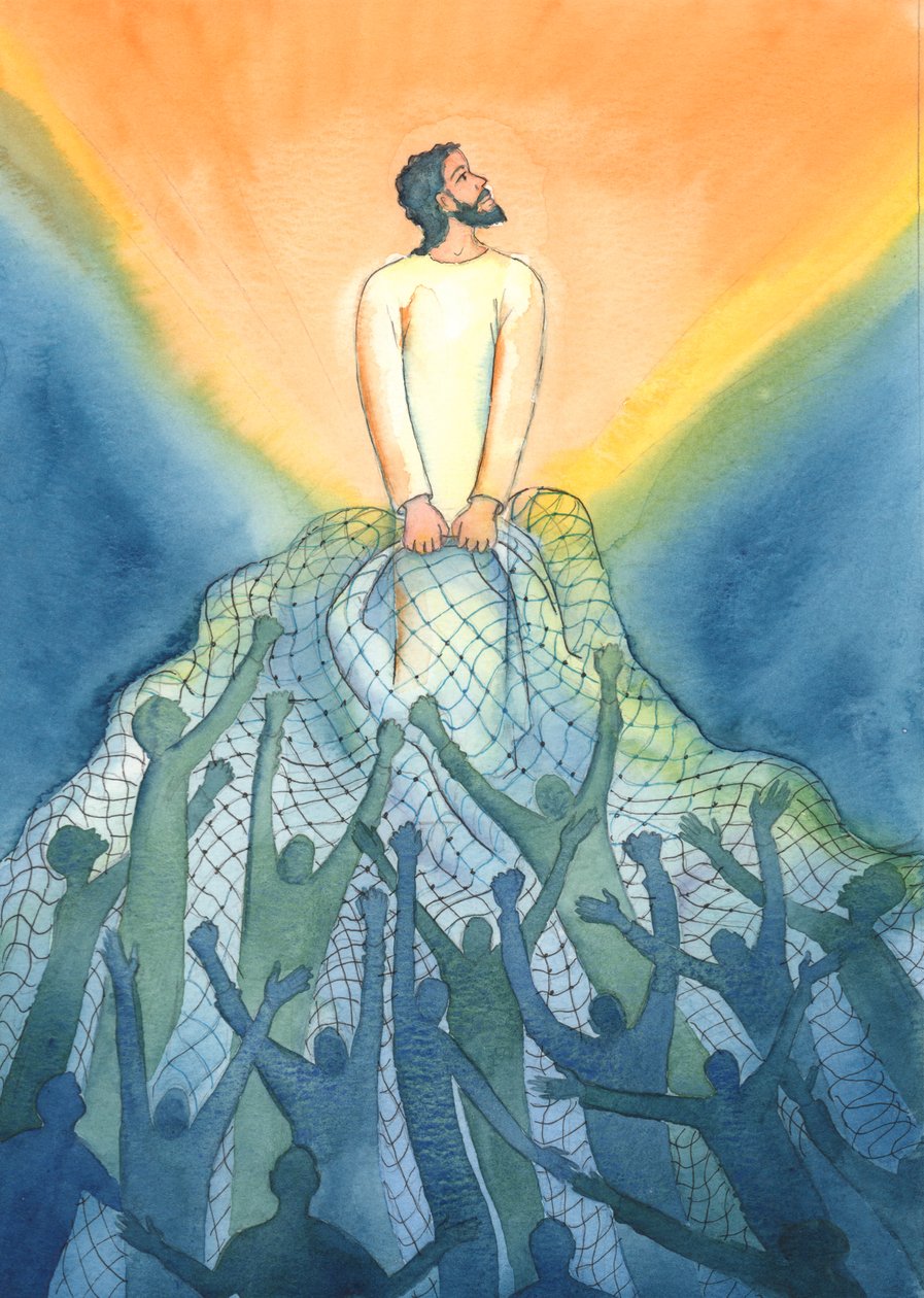 Ved messen trækker Jesus, som en fisker, ind i sit rige dem, der elsker ham, 2001 (w/c på papir) af Elizabeth Wang