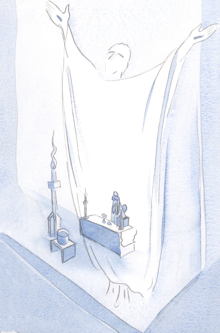 "Ved hans hellige og herlige sår". Ved påskevagtens messe frembød jeg den ene virkelig perfekte bøn: Kristi egen bøn, ved alteret., 2001 (w/c på papir) af Elizabeth Wang