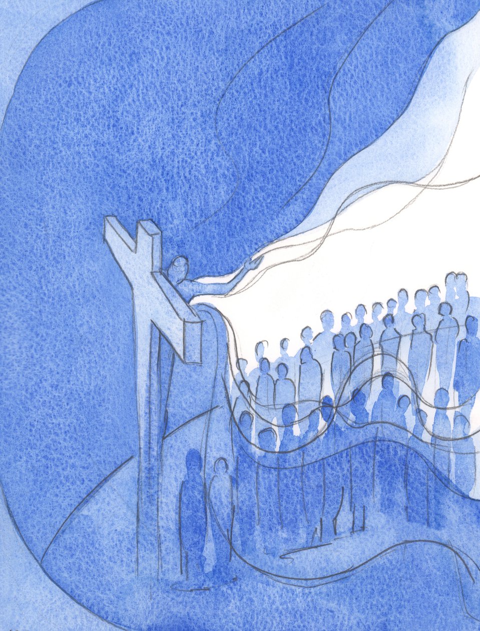 Ved sin guddommelige medfølelse og i solidaritet med sit eget folk på Jorden, dækkede Kristus hele menneskehedens synder., 2001 (w/c på papir) af Elizabeth Wang